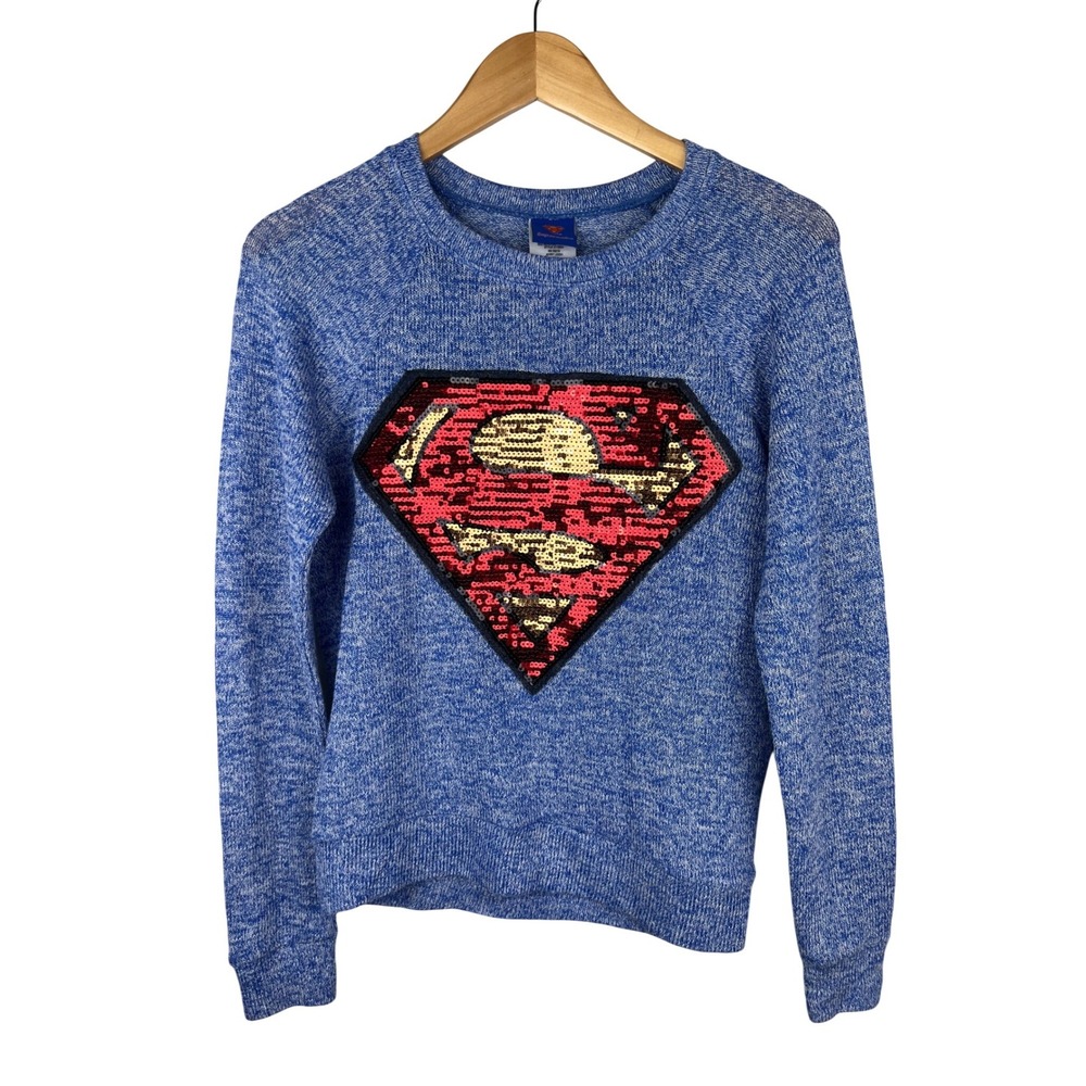 Superman Blue Marl Sequin‎ Logo Women Sweatshirt Jerry Leigh size small